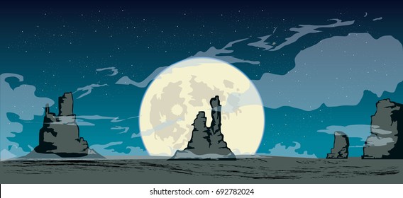 vector illustration of full moon night in the canyon
starry sky over rocks in desert