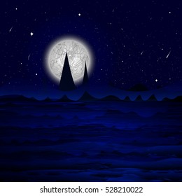 Vector illustration - full moon. North Pole. Frozen Ocean. Another cold planet. 