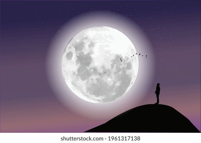 Vector illustration of a full moon on the background of the night starry sky. The shadow of man.