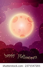 vector illustration. Full moon on the background of a scarlet sky and the inscription happy halloween