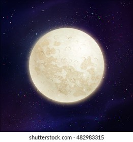 Vector illustration of full moon on dark violet outer space and stars background.