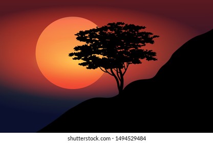 vector illustration with full moon and a tree