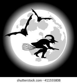 Vektorgrafik mit Vollmond, Hexe, Fledermäuse