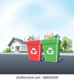 Vector illustration of full recycling trash bins containers in front of the residential house on the street. Waste segregation management concept.