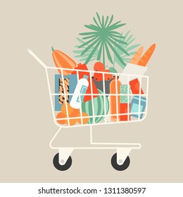 Vector illustration of full shopping trolley cart with grocery products. Grocery store vector