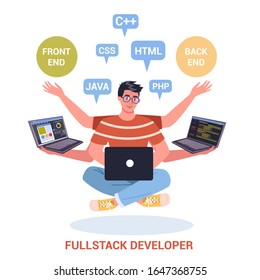 Vector illustration of a full stack developer working on computer. IT professional programmer coding, website creation proccess. Computer technology. Vector illustration in cartoon style