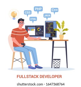 Vector illustration of a full stack developer working on computer. IT professional programmer coding, website creation process. Computer technology. Vector illustration in cartoon style