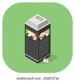 A vector illustration of a full steel bin
Isometric street bin icon illustration
Vector concept of full garbage trash can.