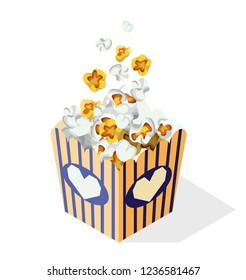 Vector illustration of full striped popcorn buckets in small sizes. Isometric illustration. Cardboard or paper buckets. Cinema snack or movie food.