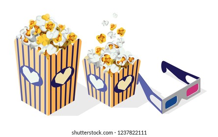 Vector illustration of full striped popcorn buckets in big and small sizes. Isometric illustration. Cardboard or paper buckets. Cinema snack or movie food.