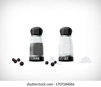  Vektorillustration. Volltransparenter Salzbehälter und Pfefferstreuer aus Glas mit schwarzen Pfefferkörnern. Symbol für Salzstreuer. Pfefferschüttler-Symbol. Salz pflücken. Realistische Wirkung.