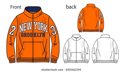 Vector illustration of full zip jacket. Front and back views.