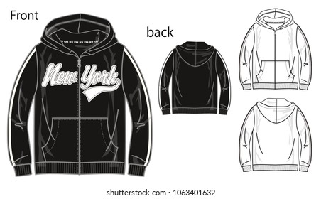 Vector illustration of full zip parka with New York script design. Front and back views
