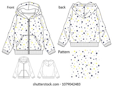 vector illustration of a full zip parka for a boys. Front and back views.