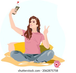 vector illustration full-length portrait of a blogger girl. A girl holds a phone in her hand and broadcasts online, sitting on a bed surrounded by colorful pillows