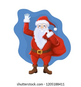 Vector illustration. Full-length Santa Claus holds a bag with gifts in his hand and waves his hand. Symbol of Christmas and New Year cartoon style. Isolated on white background
