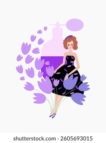 Vector illustration of a full-length woman on a white background. Young, beautiful girl in a little black dress, hat stands near a large bottle of perfume. Fashion illustration, perfume advertising.