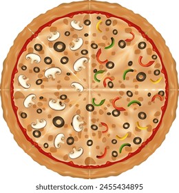 Vector illustration of a fully topped pizza.