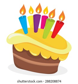 A vector illustration of a fun cartoon birthday cake with multicolor candles.