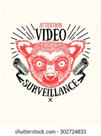 Vector illustration of fun cartoon stylized lemur red face. Vector illustration. Attention poster. Video surveillance poster