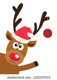 vector illustration of fun Christmas reindeer with red Christmas tree ball.