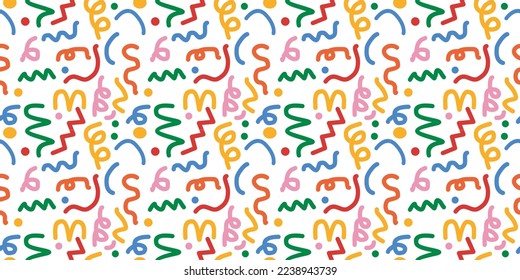 Vector illustration of fun colorful line doodle seamless pattern. Creative minimalist style art background for children or trendy design with basic shapes. Can be printed on wrapping paper, fabric.