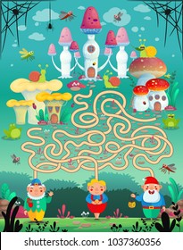 Vector illustration. Fun game labyrinth, maze for Children. Which gnome lives in which mushroom house?