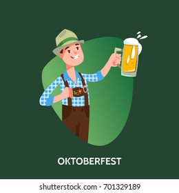 Vector illustration fun germany man in traditional costume with beer mug celebratory toast cartoon style. Oktoberfest beer festival