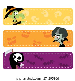 A vector illustration of fun and happy halloween theme banners filled with characters like witch, reaper and vampire.