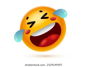 Vector illustration of fun laugh to tears emoji on white background. 3d style design of yellow color happy emoticon with open mouth, tongue and tear for social media message