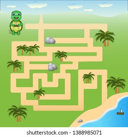 vector illustration is a fun maze game for kids. Help the turtle find the beach.