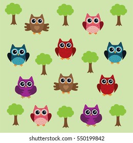 vector illustration of fun owls and trees background