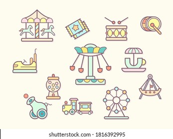 Vector illustration of a  fun park and amusement park elements. Contains such as  ride, Bumper cars, ferris wheel, big wheel, attraction, merry-go-round, carousel and more.