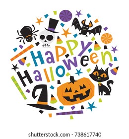 A vector illustration of fun retro haunted happy halloween phrase with trick or treat design elements like halloween candies, pumpkin, cat, and more.