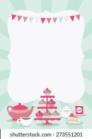 A vector illustration of a fun and retro tea party theme copy space in 5x7 dimension. 