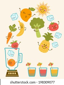 Vector Illustration of Fun Smoothie Characters. Happy smoothie ingredients tumbling into blender next to cups.