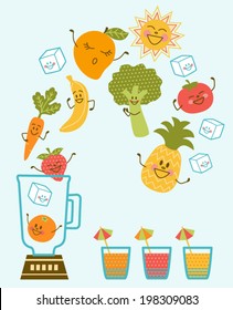 Vector Illustration of Fun Smoothie Characters on Blue Background. Happy smoothie ingredients tumbling into blender next to cups.