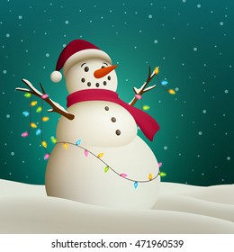 Vector Illustration of a Fun Snowman with Colorful Holiday Lights