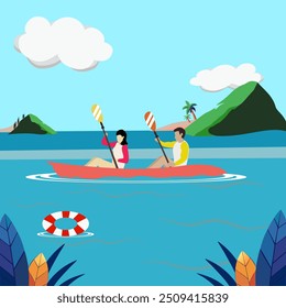 Vector illustration of a fun summer scene of a man and woman sailing on the sea.