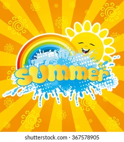 Vector illustration. Fun sun, beautiful rainbow and a refreshing splash of water