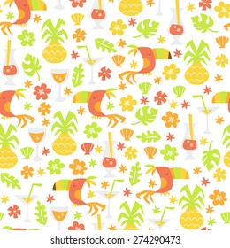 A vector illustration of a fun whimsical tropical luau theme seamless pattern background.