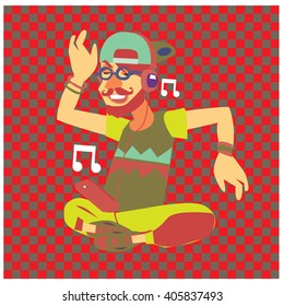 Vector illustration fun young boy listening and enjoying music