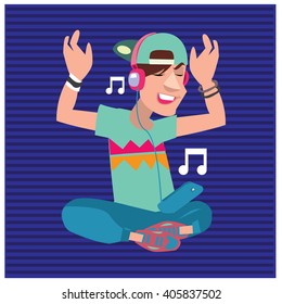 Vector illustration fun young boy listening and enjoying music