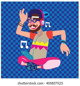Vector illustration fun young boy listening and enjoying music