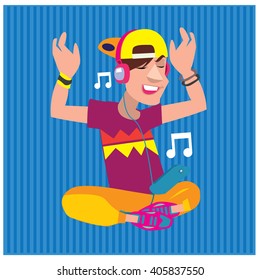Vector illustration fun young boy listening and enjoying music