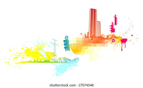 Vector illustration of funky abstract background made of urban and floral elements.