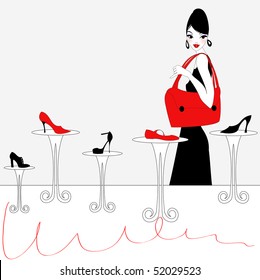 Vector Illustration of funky beautiful sexy girl shopping for a new pair of shoes