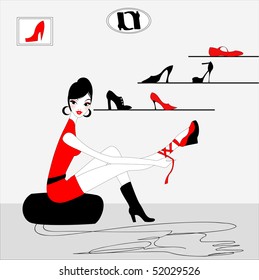 Vector Illustration of funky beautiful sexy girl shopping for a new pair of shoes