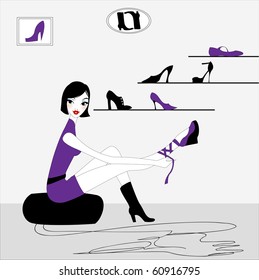 Vector Illustration of funky beautiful sexy girl shopping for a new pair of shoes