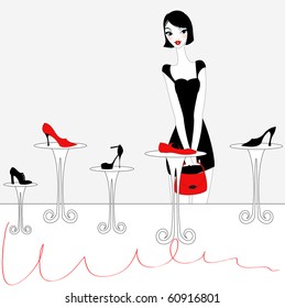 Vector Illustration of funky beautiful sexy girl shopping for a new pair of shoes